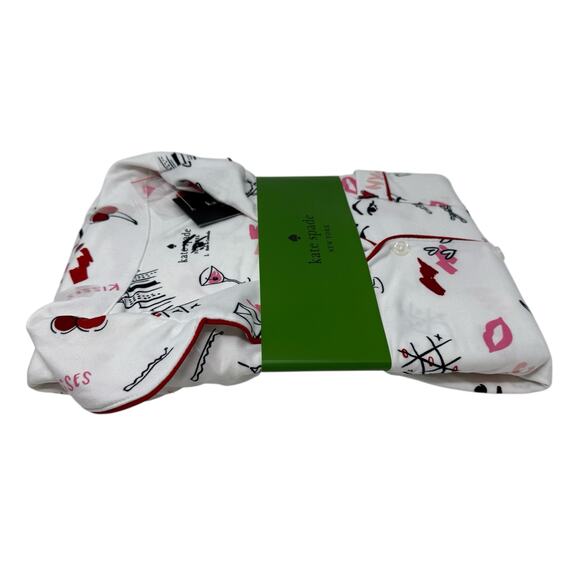 NWT Kate Spade NY 2 Pc Pajama Set L NYC Print Hearts Red Trim Cozy Loungewear - Picture 8 of 8